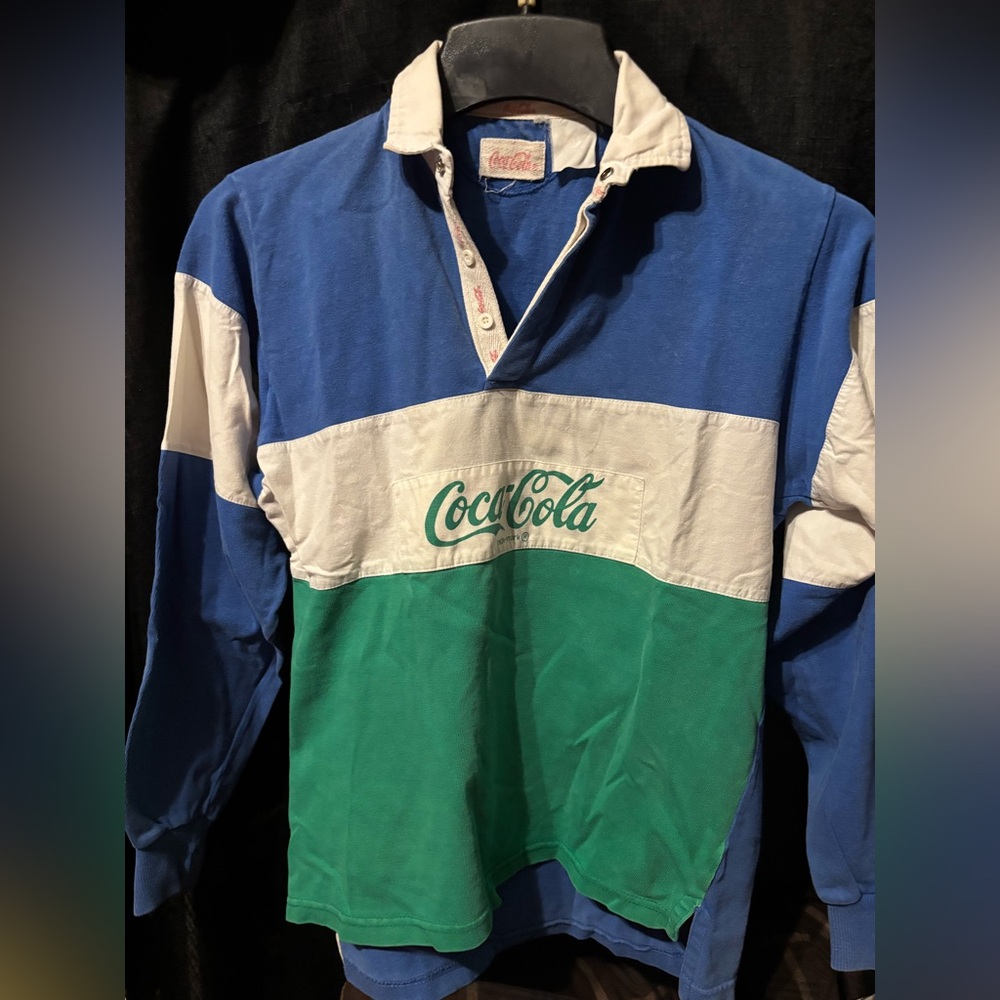 Coca Cola Blue White Green Colorblock Rugby Button-Down Shirt